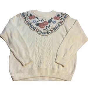 Alfred Dunner Vtg Cable Knit Floral Embroidered Mock Neck Pullover Sweater Sz L